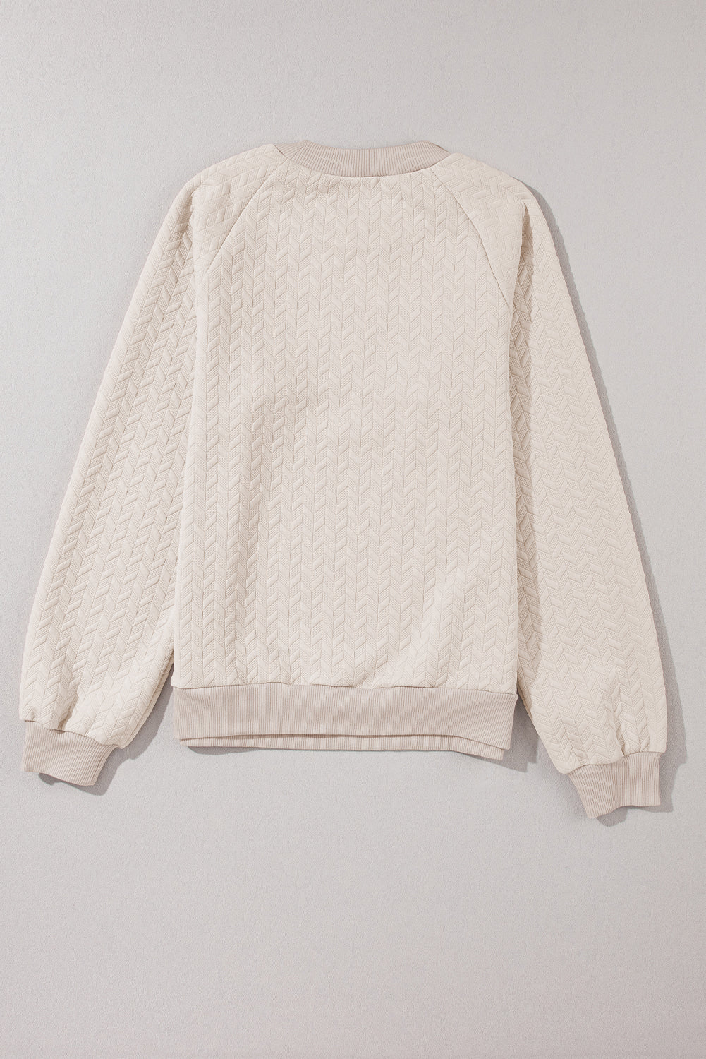 Beige Solid Color Textured Raglan Sleeve Pullover Sweatshirt