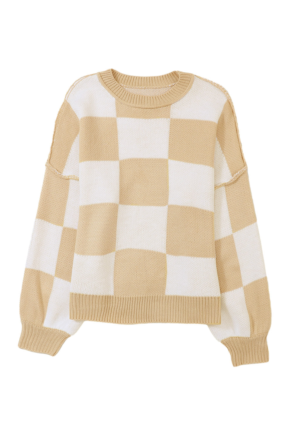 Gray Checkered Bishop Sleeve Pullover Sweater