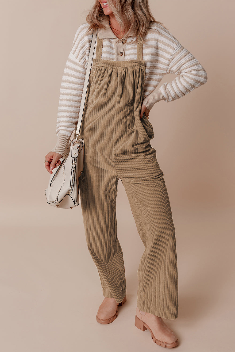 Black Plain Pocketed Loose Fit Corduroy Overalls