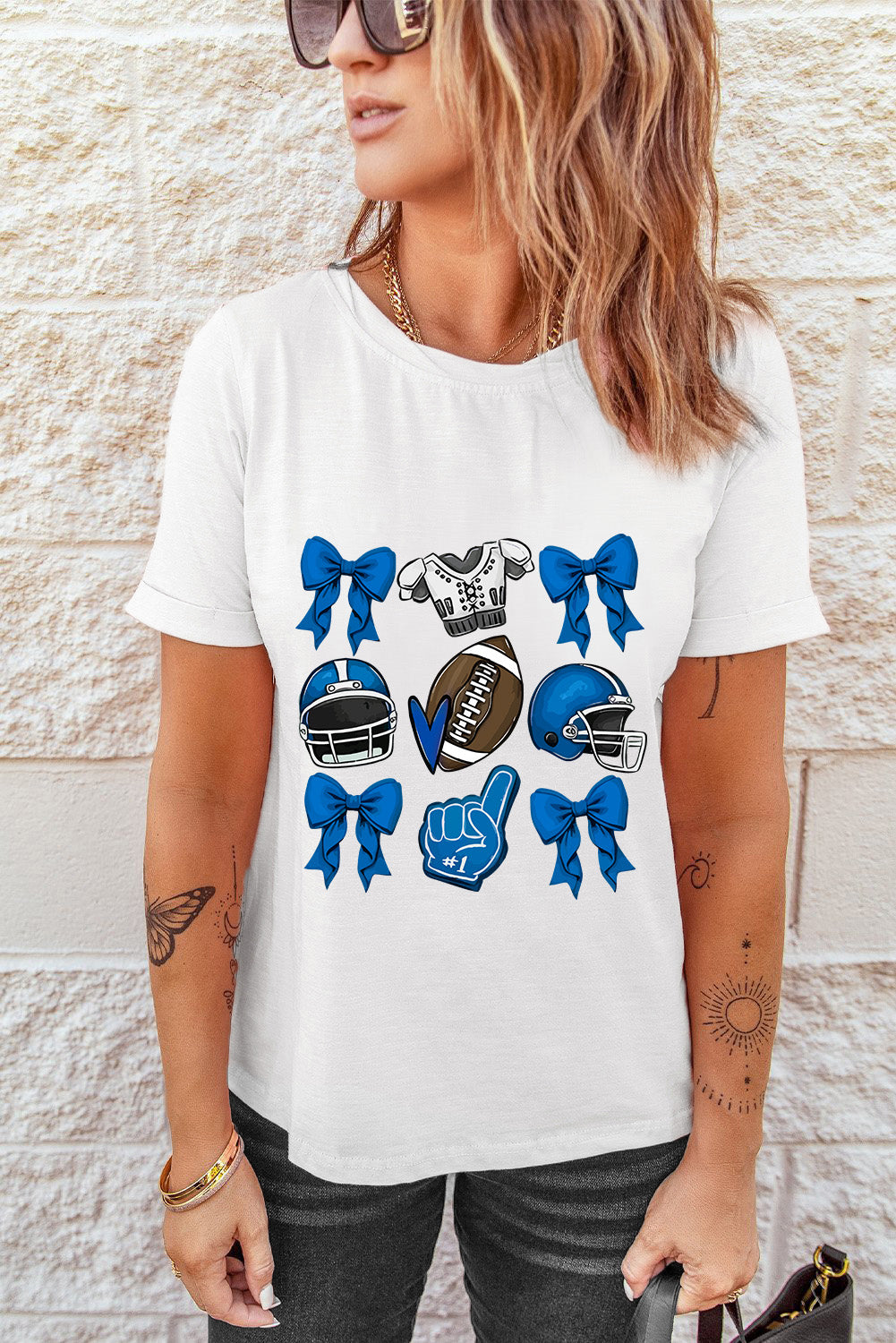 White Rugby Cheer Helmet Bow Graphic Tee