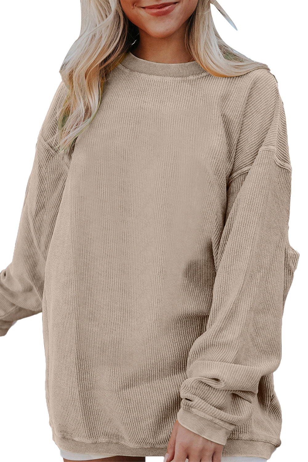 Apricot Drop Shoulder Crinkle Rib Oversized Sweatshirt