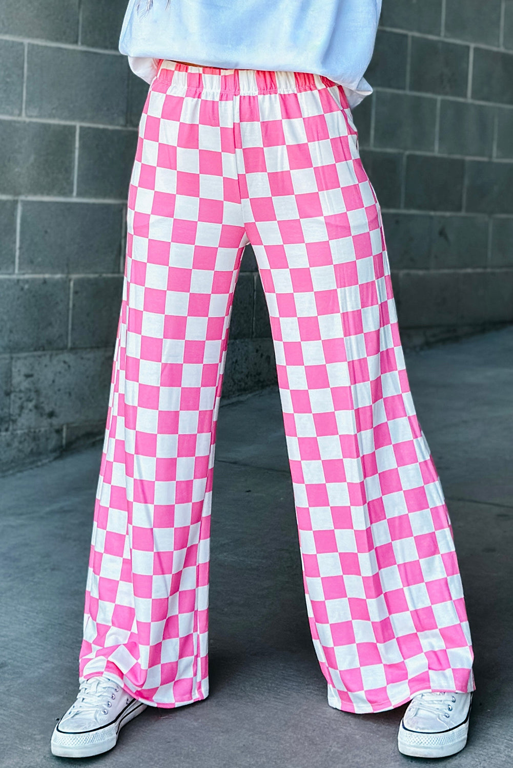 Black Checkered Print High Waist Wide Leg Pants