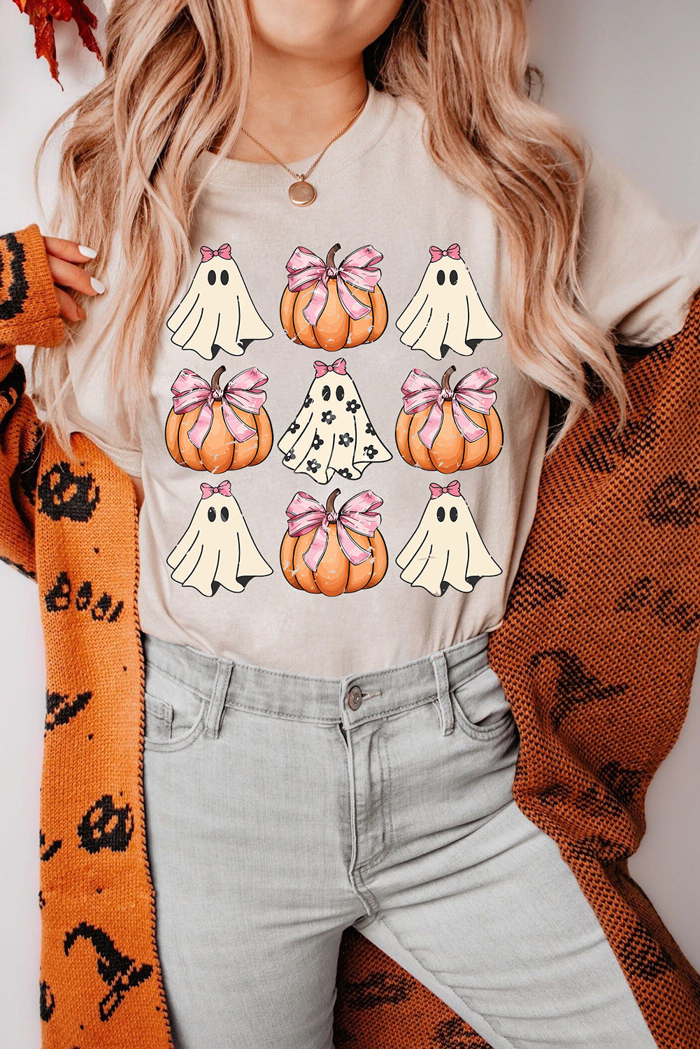 Black Bowknot Ghost Pumpkin Halloween Graphic T Shirt