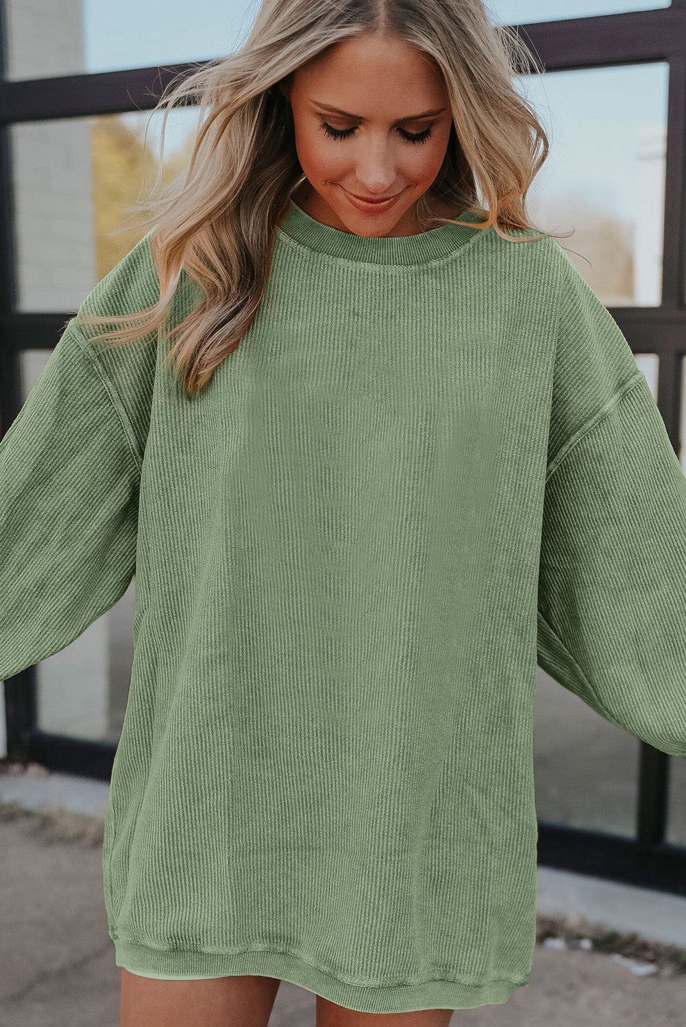 Apricot Drop Shoulder Crinkle Rib Oversized Sweatshirt