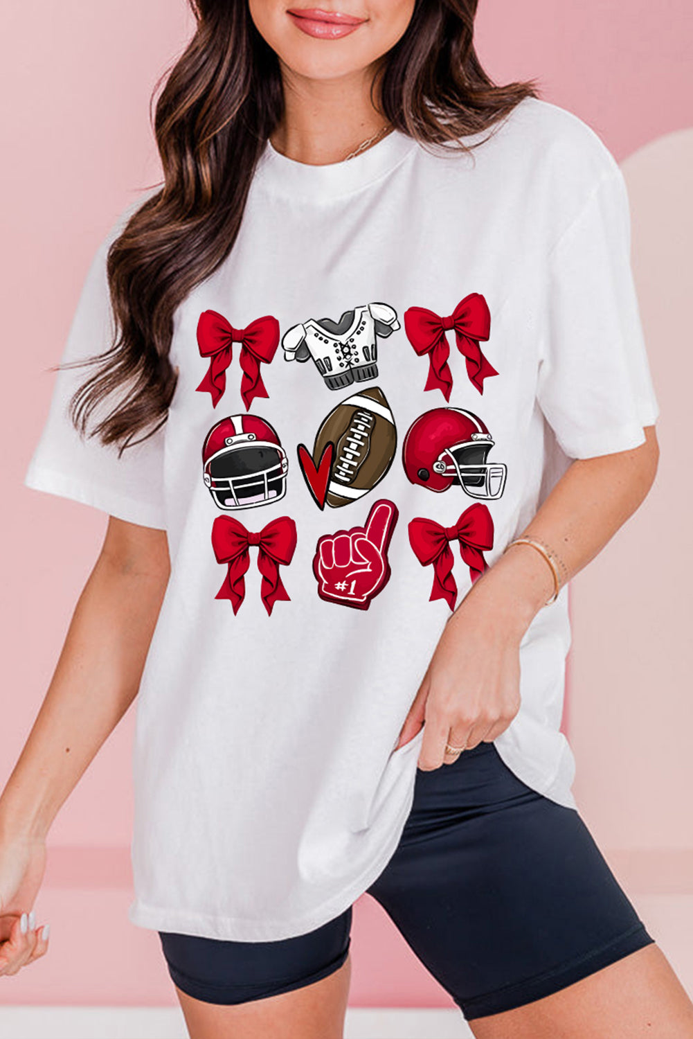 White Rugby Cheer Helmet Bow Graphic Tee