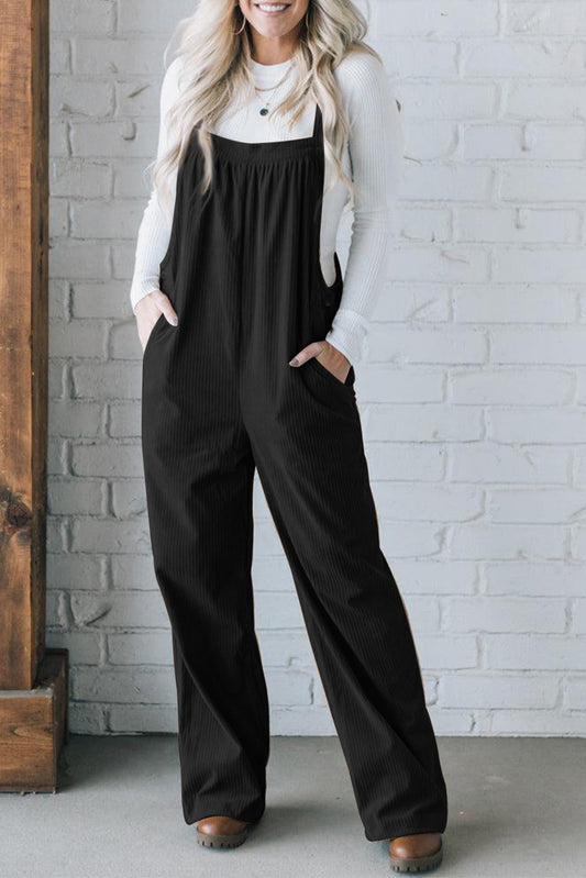 Black Plain Pocketed Loose Fit Corduroy Overalls