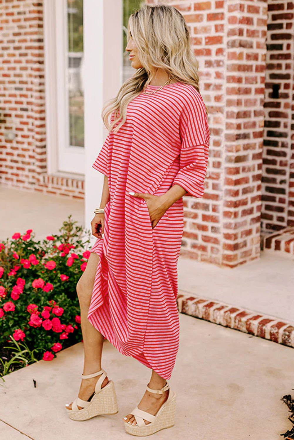 Strawberry Pink Striped Drop Sleeve Loose Dress