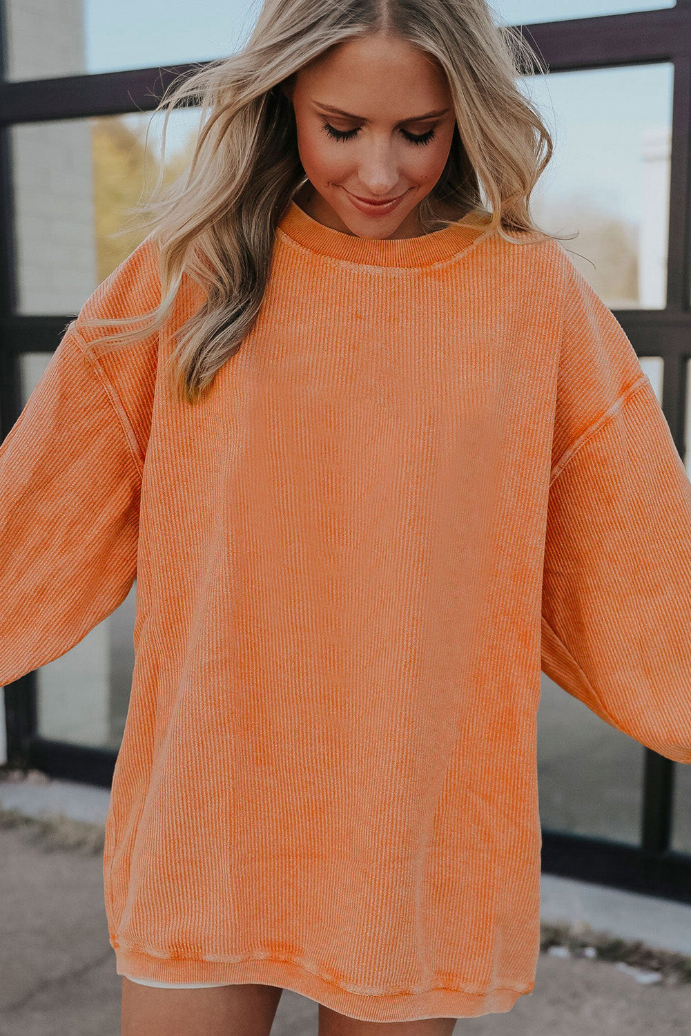 Apricot Drop Shoulder Crinkle Rib Oversized Sweatshirt