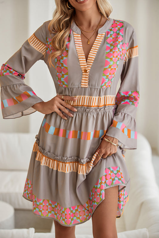 Simply Taupe Ethnic Geometric Print Ruffle Mini Dress