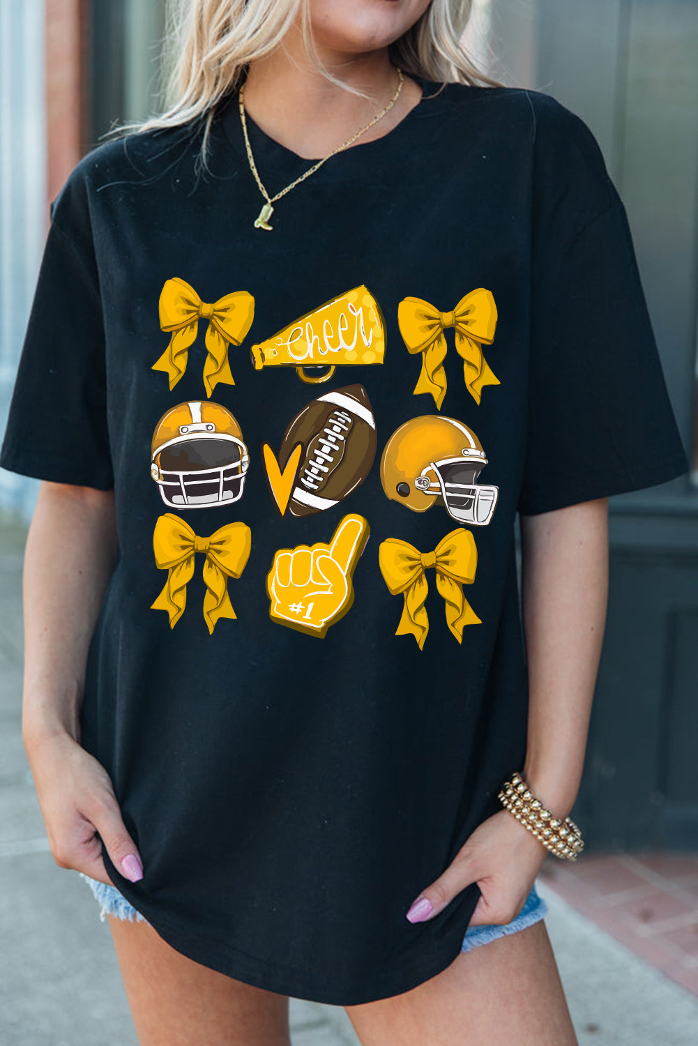 Black Game Day Rugby Bowknot Graphic Tee