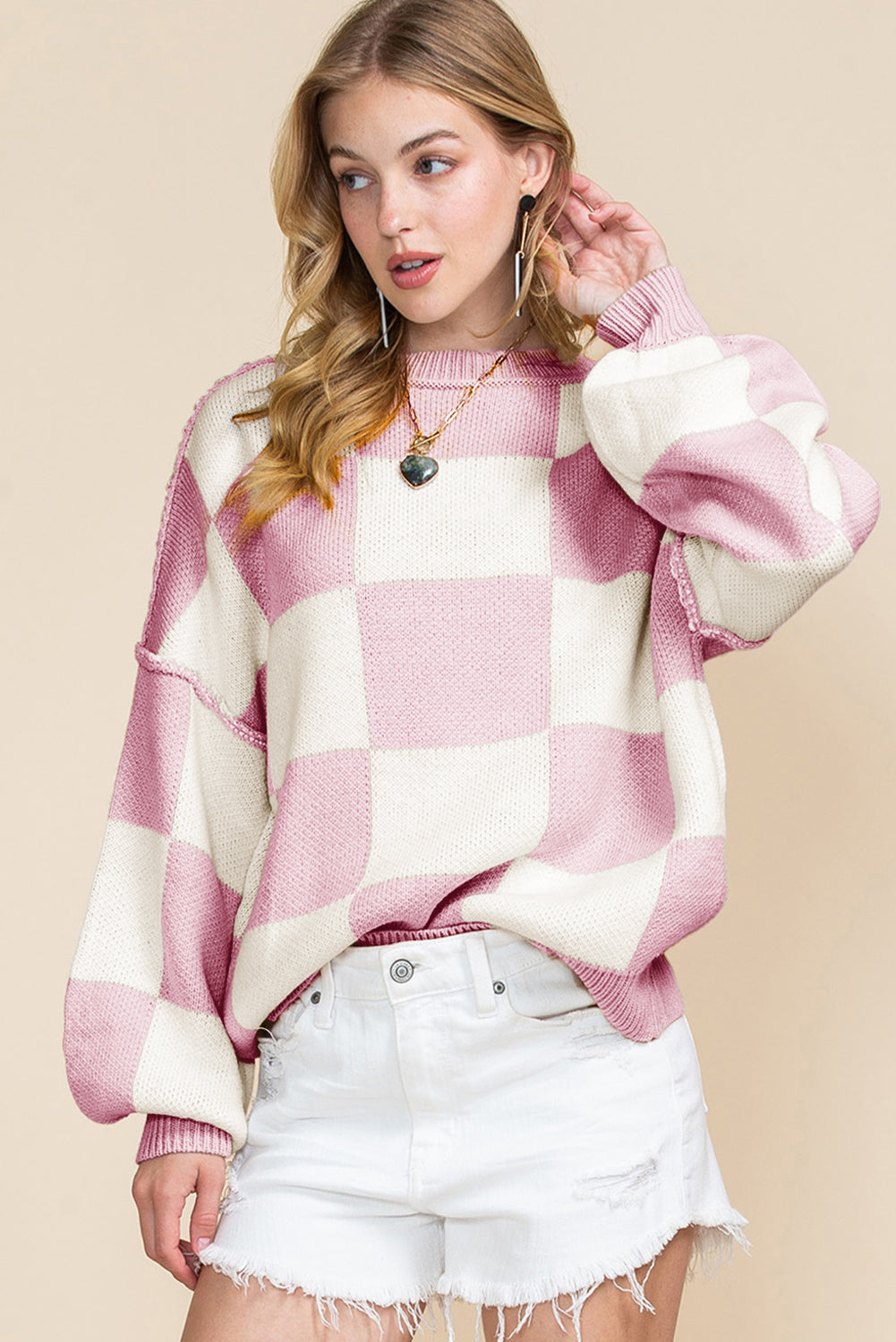 Gray Checkered Bishop Sleeve Pullover Sweater