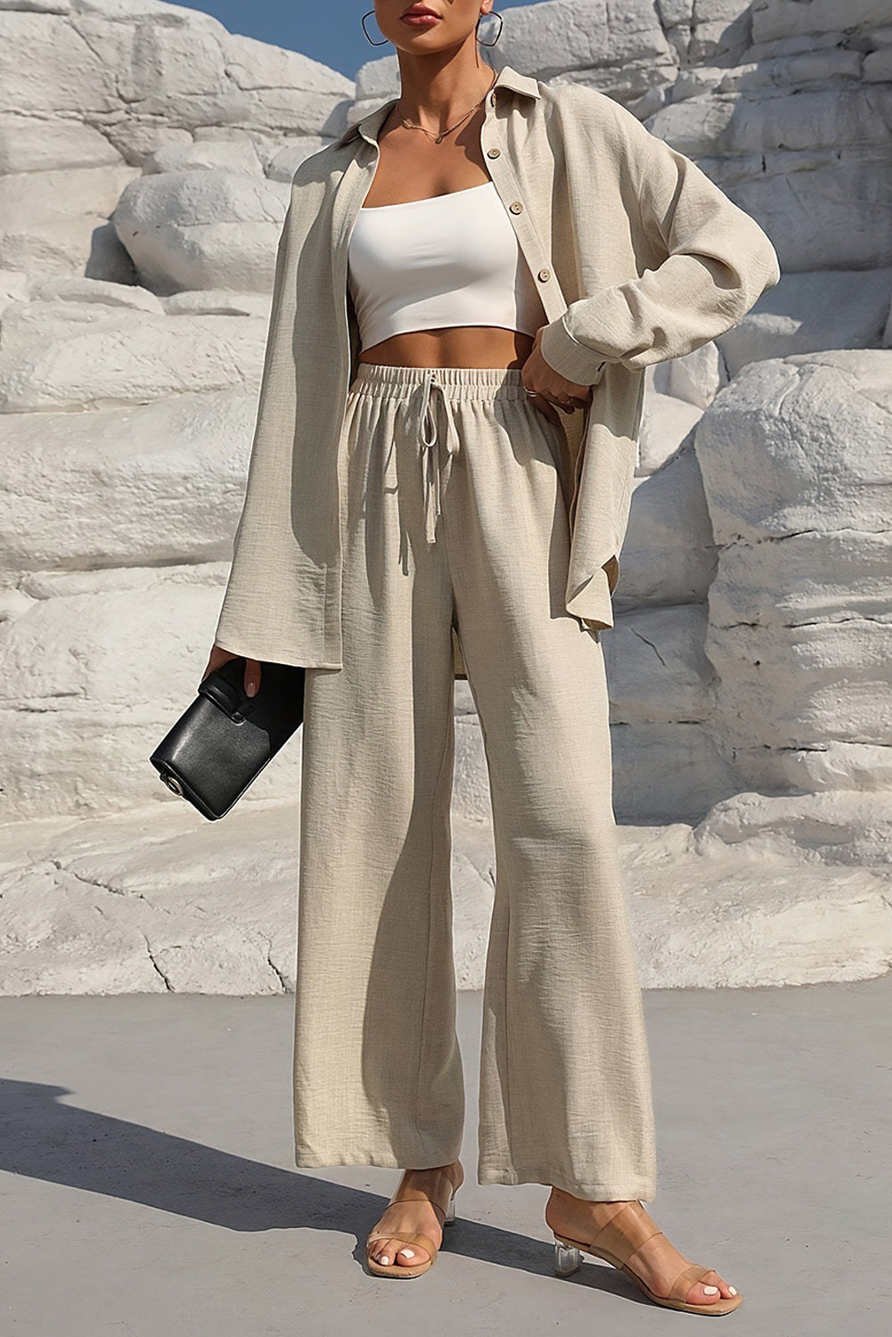 Apricot Loose Button Cardigan And Wide Leg Pants Two Piece Set