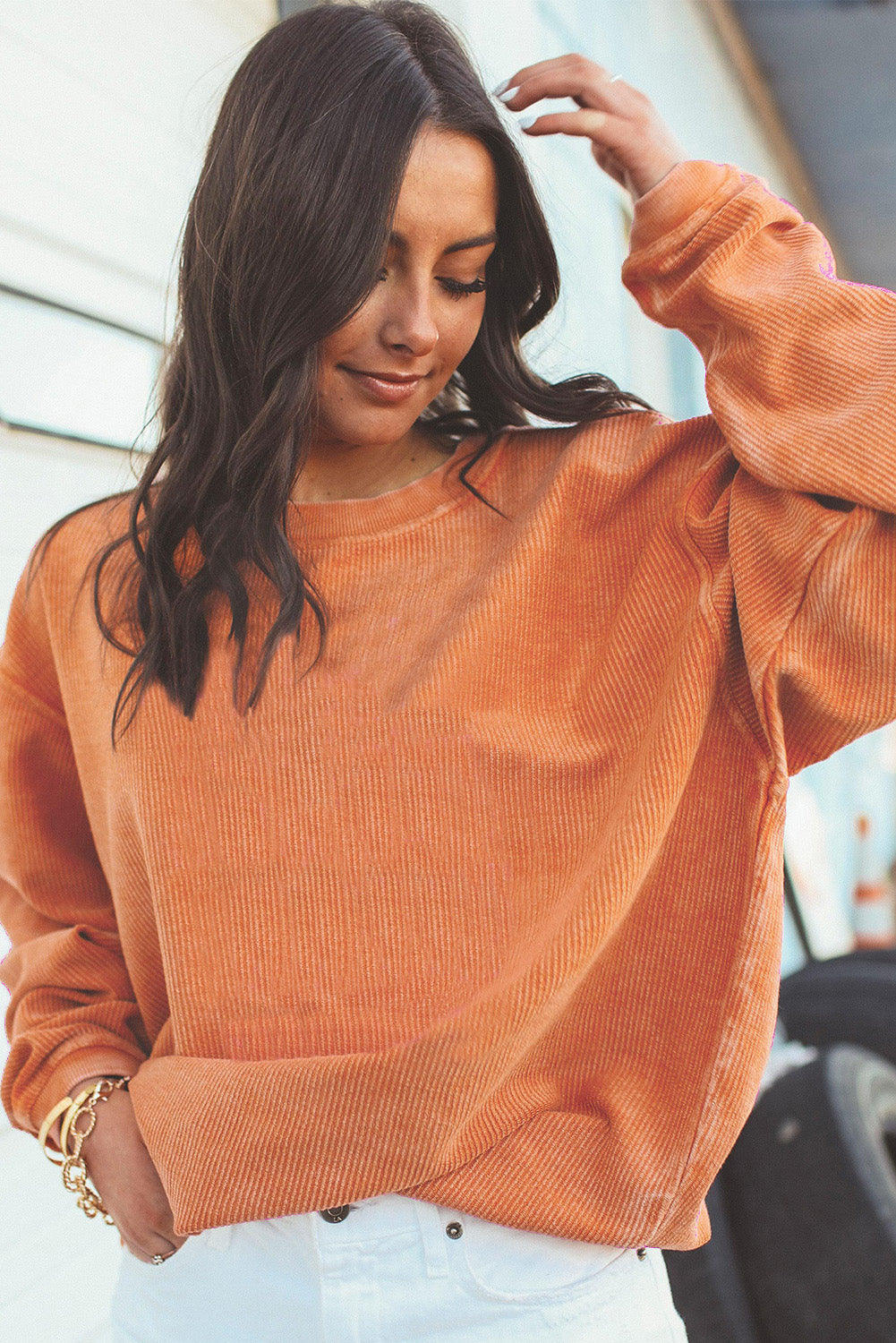 Apricot Drop Shoulder Crinkle Rib Oversized Sweatshirt