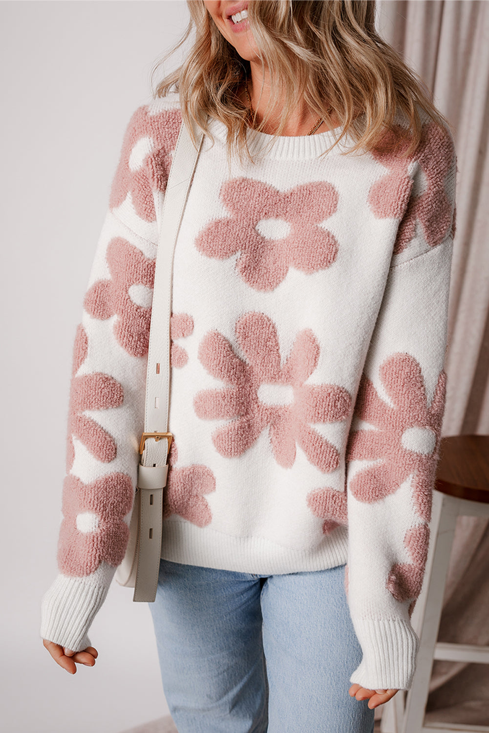 White Vintage Flower Drop Shoulder Loose Sweater