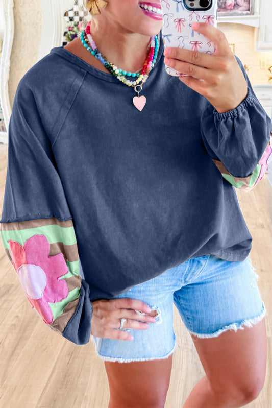 Sail Blue Flower Patchwork Exposed Seam Raglan Sleeve Top