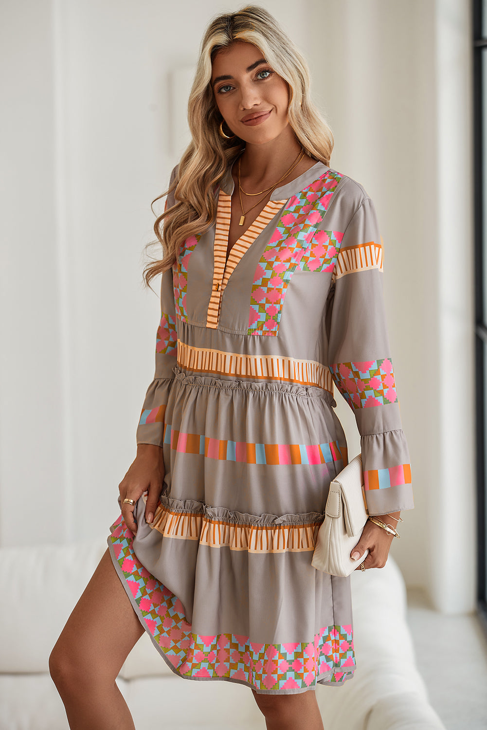 Simply Taupe Ethnic Geometric Print Ruffle Mini Dress