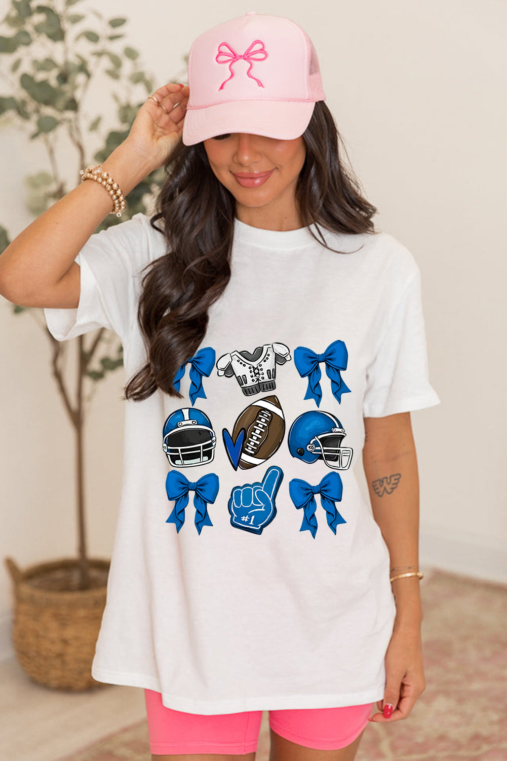 White Rugby Cheer Helmet Bow Graphic Tee