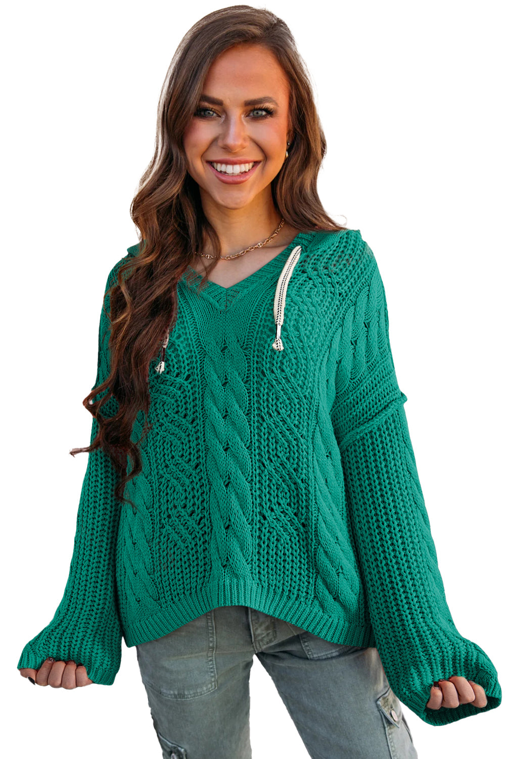 Sea Green Cable Knit V Neck Contrast Drawstring Hooded Sweater