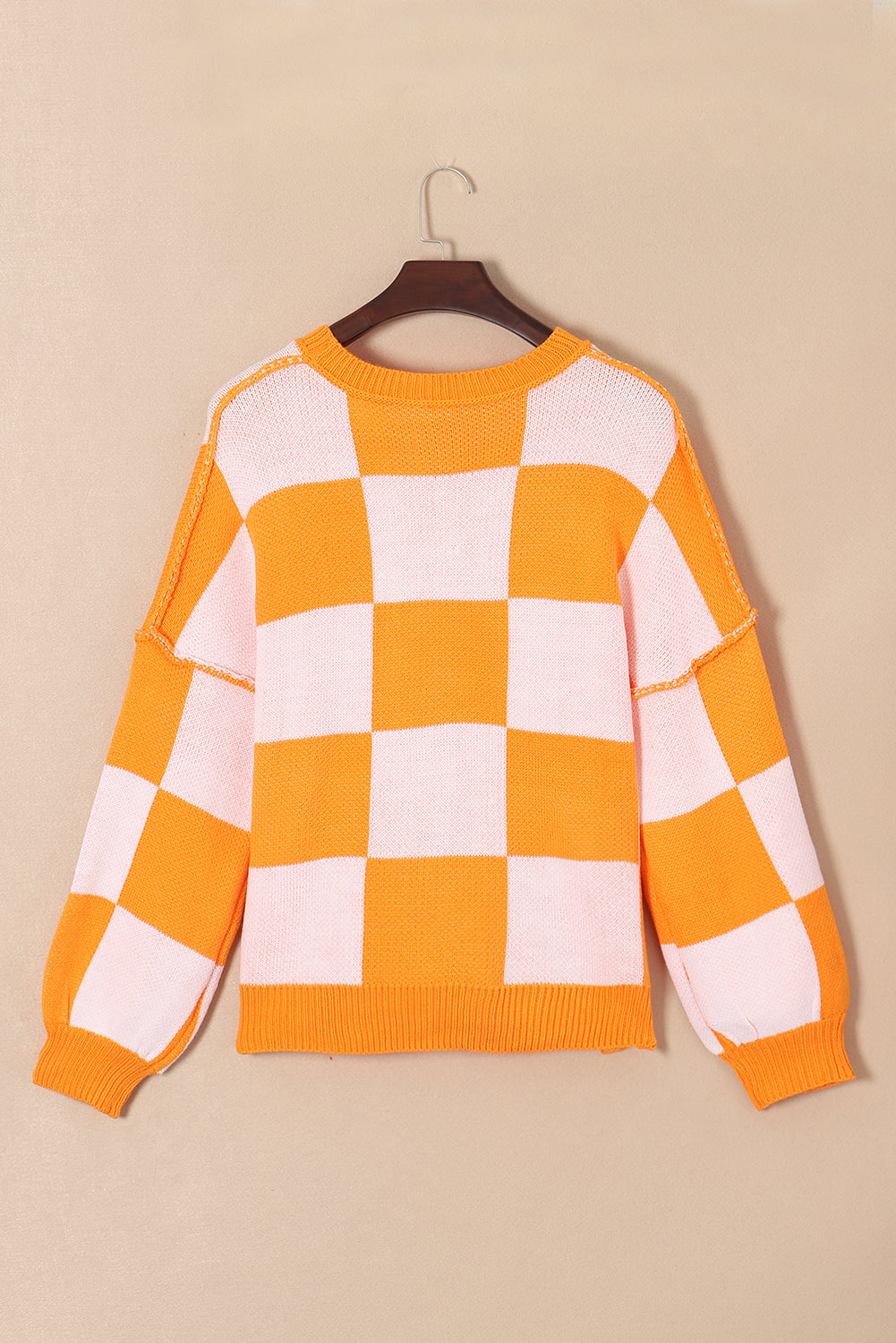 Gray Checkered Bishop Sleeve Pullover Sweater