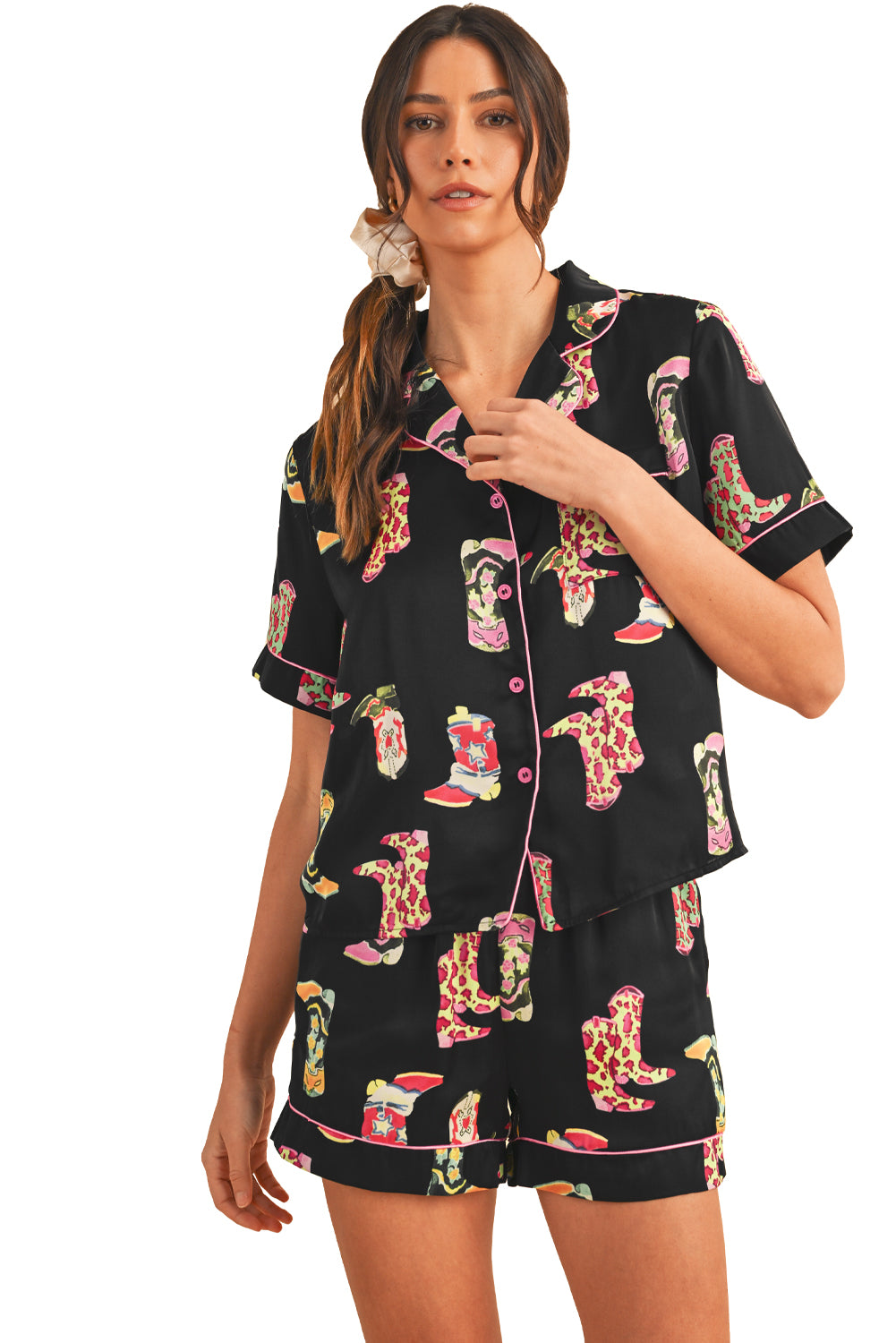 Black Boots Print Button-up Shirt and Shorts Pajama Set