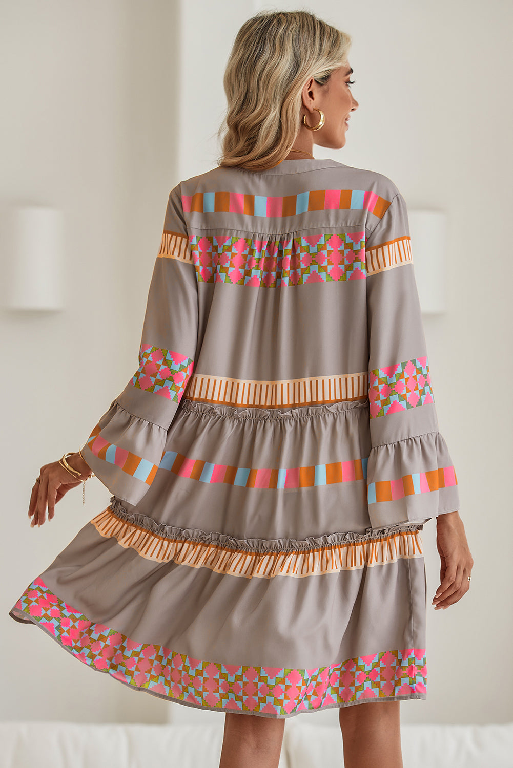 Simply Taupe Ethnic Geometric Print Ruffle Mini Dress