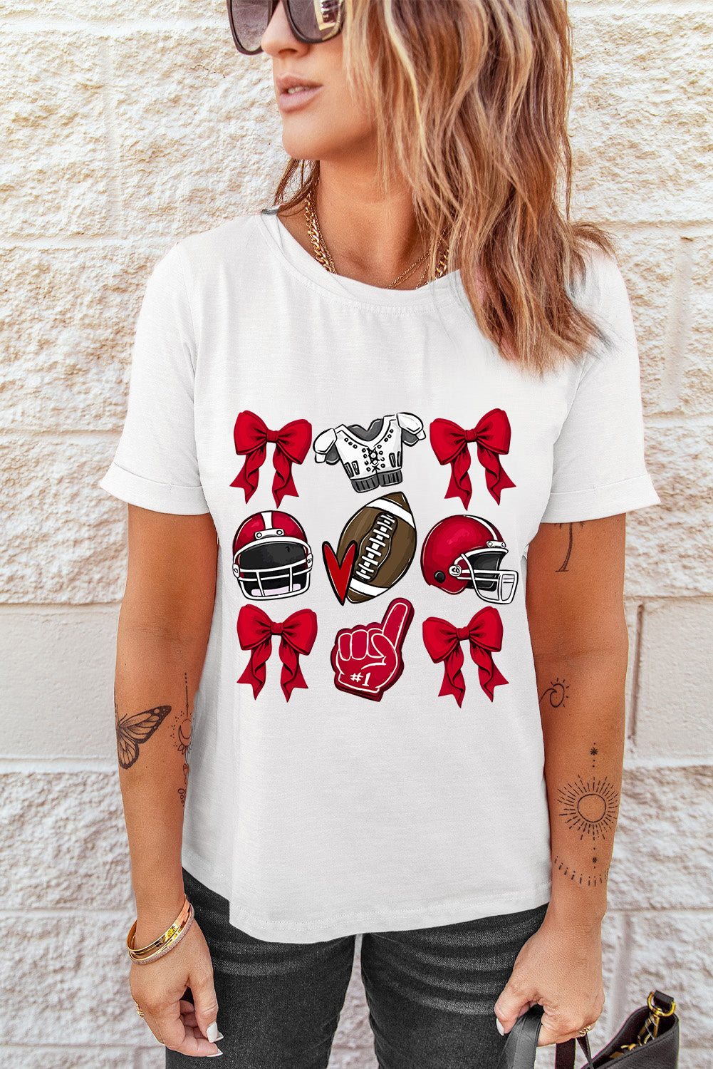 White Rugby Cheer Helmet Bow Graphic Tee