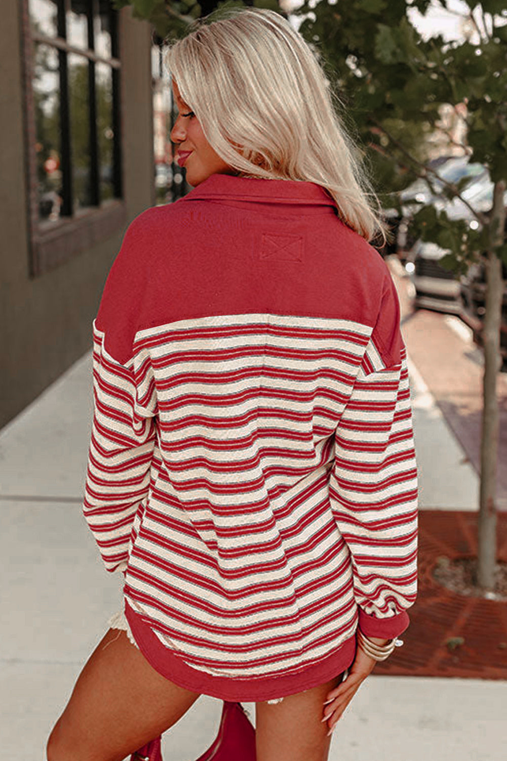 Red Stripe Collared V Neck Drop Shoulder Top