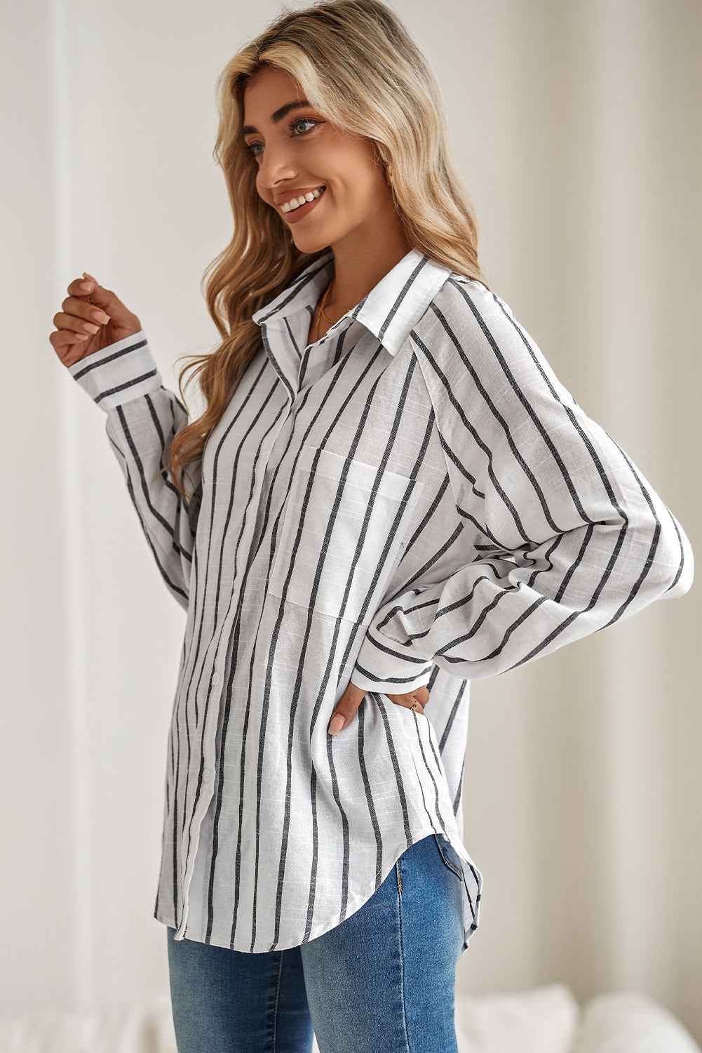 Black Stripe Chest Pocket Buttoned Oversized Shirt