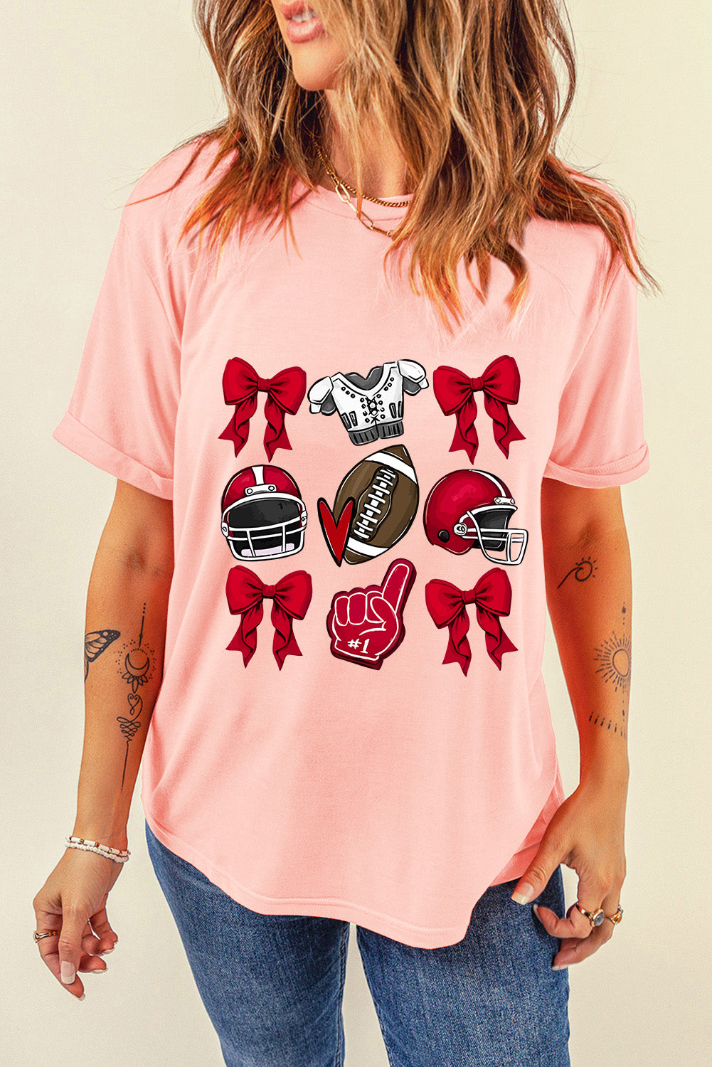 White Rugby Cheer Helmet Bow Graphic Tee