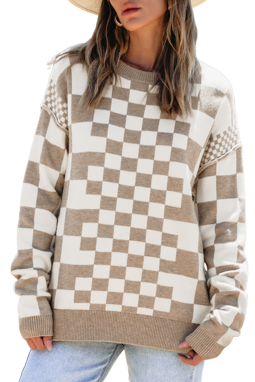 Khaki Checkered Drop Shoulder Round Neck Sweater