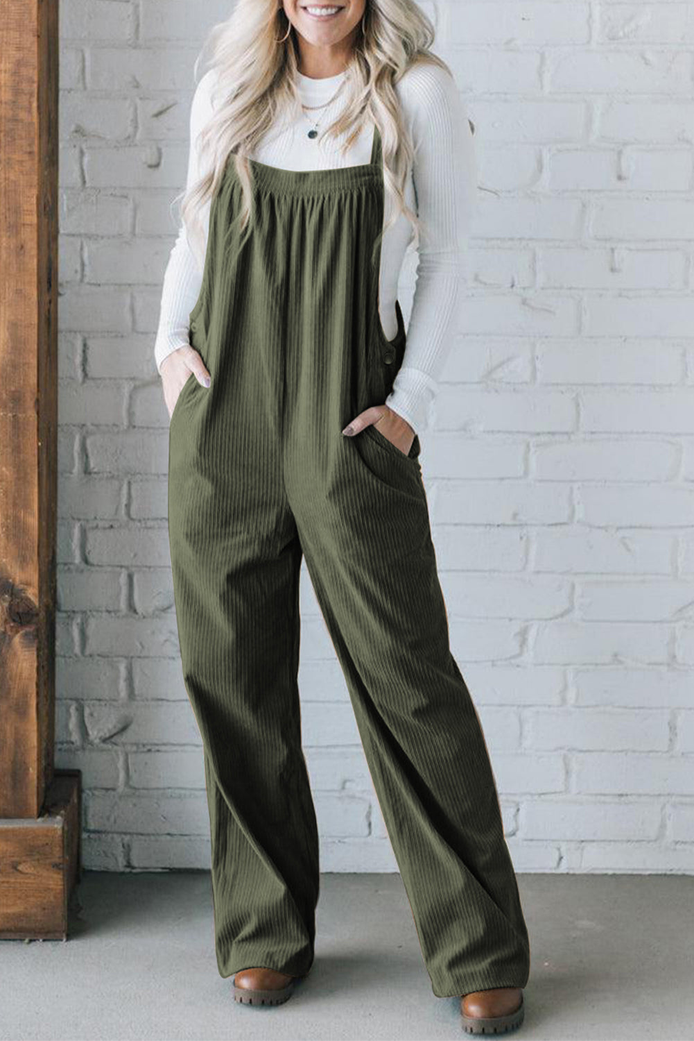 Black Plain Pocketed Loose Fit Corduroy Overalls