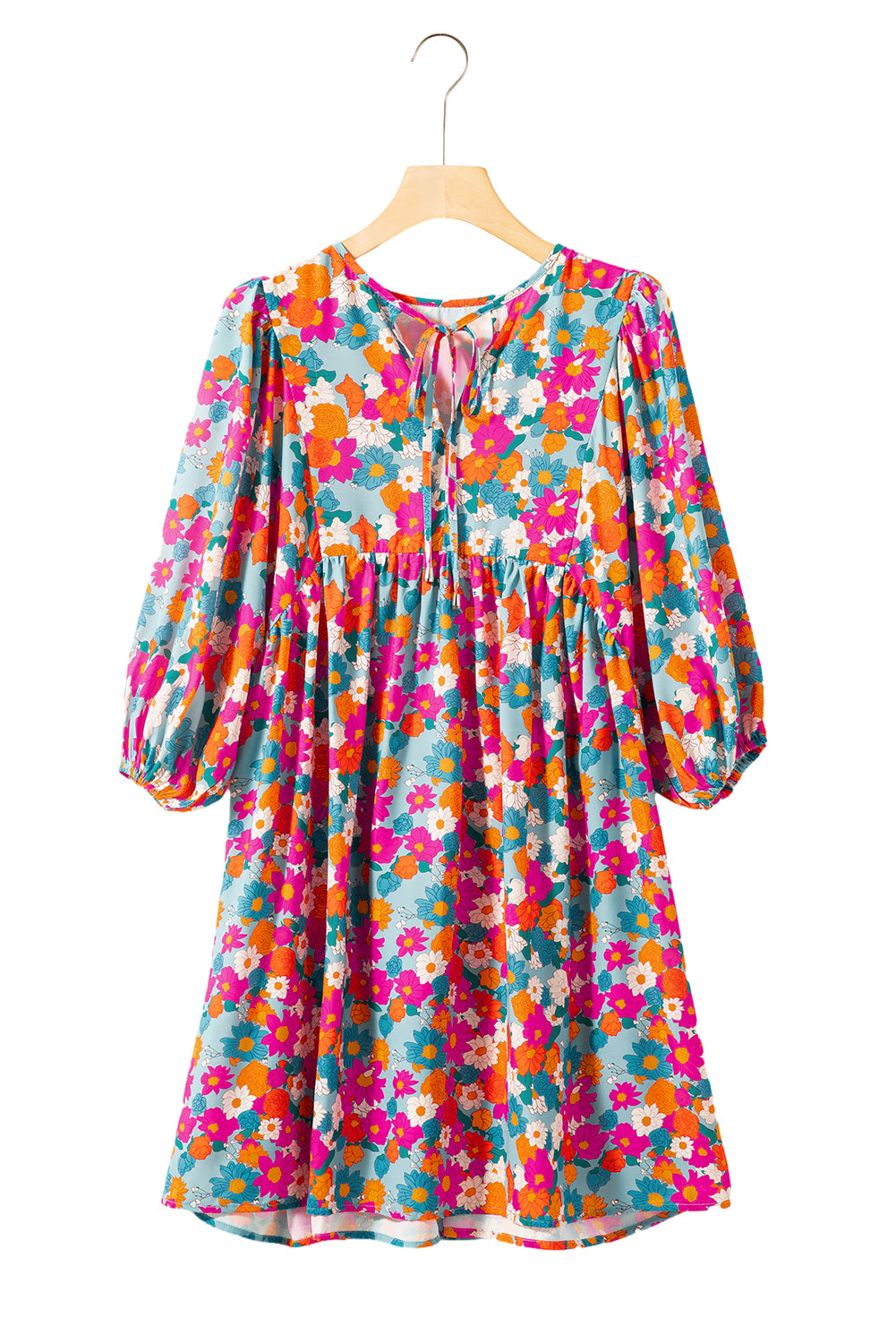 Sky Blue Floral Print Tie Split Neck Bubble Sleeve Babydoll Dress