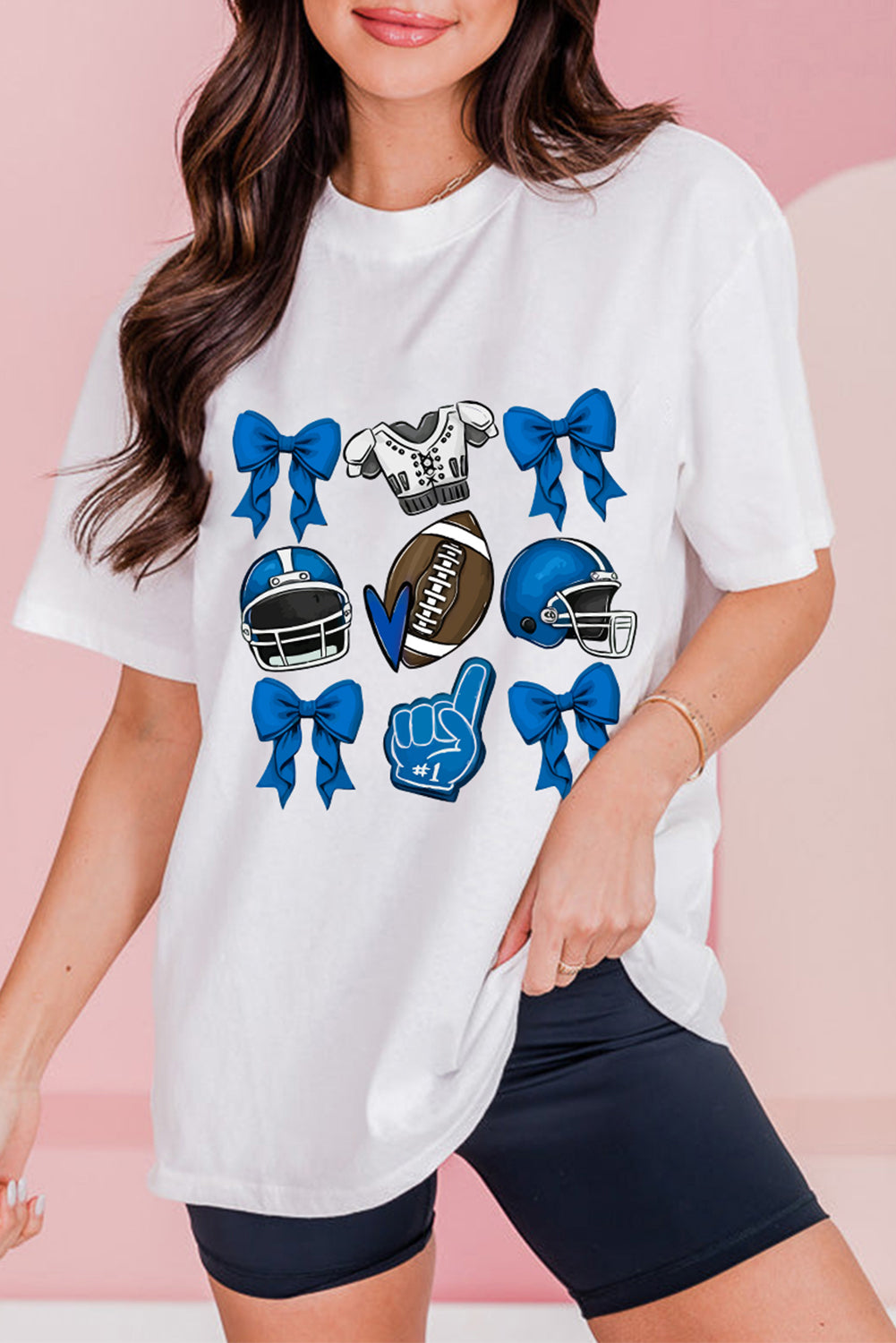 White Rugby Cheer Helmet Bow Graphic Tee