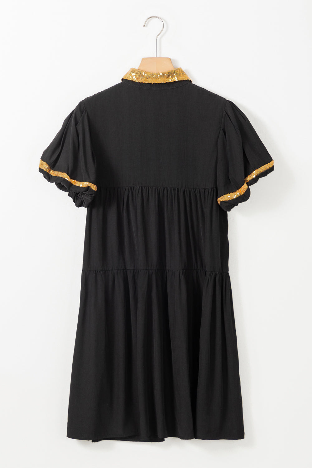 Black Sequin Trim Bubble Sleeve Game Day Shirt Dress