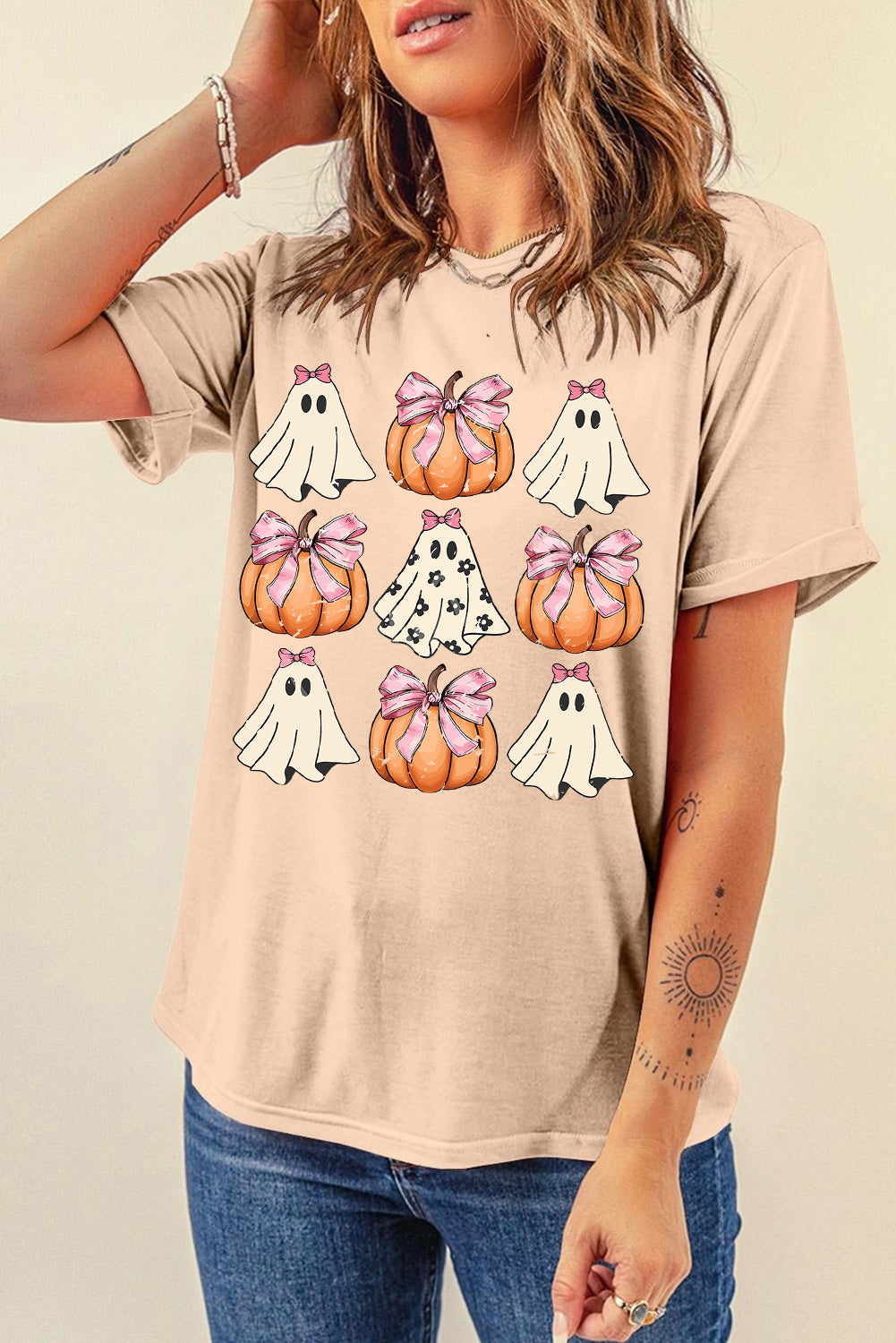 Black Bowknot Ghost Pumpkin Halloween Graphic T Shirt