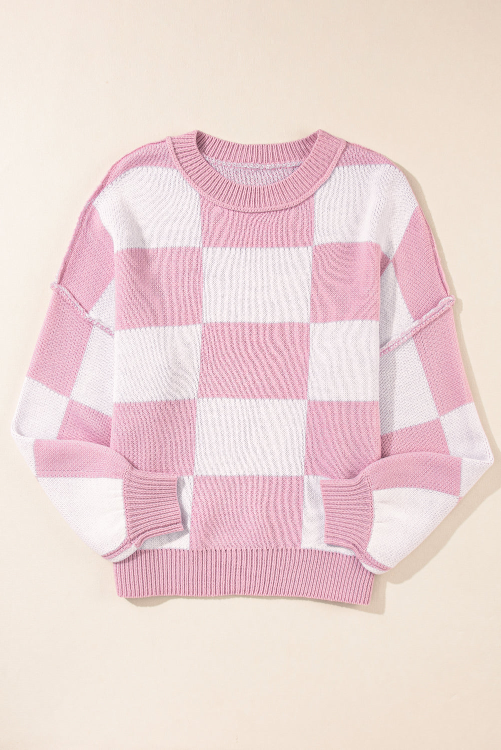 Gray Checkered Bishop Sleeve Pullover Sweater