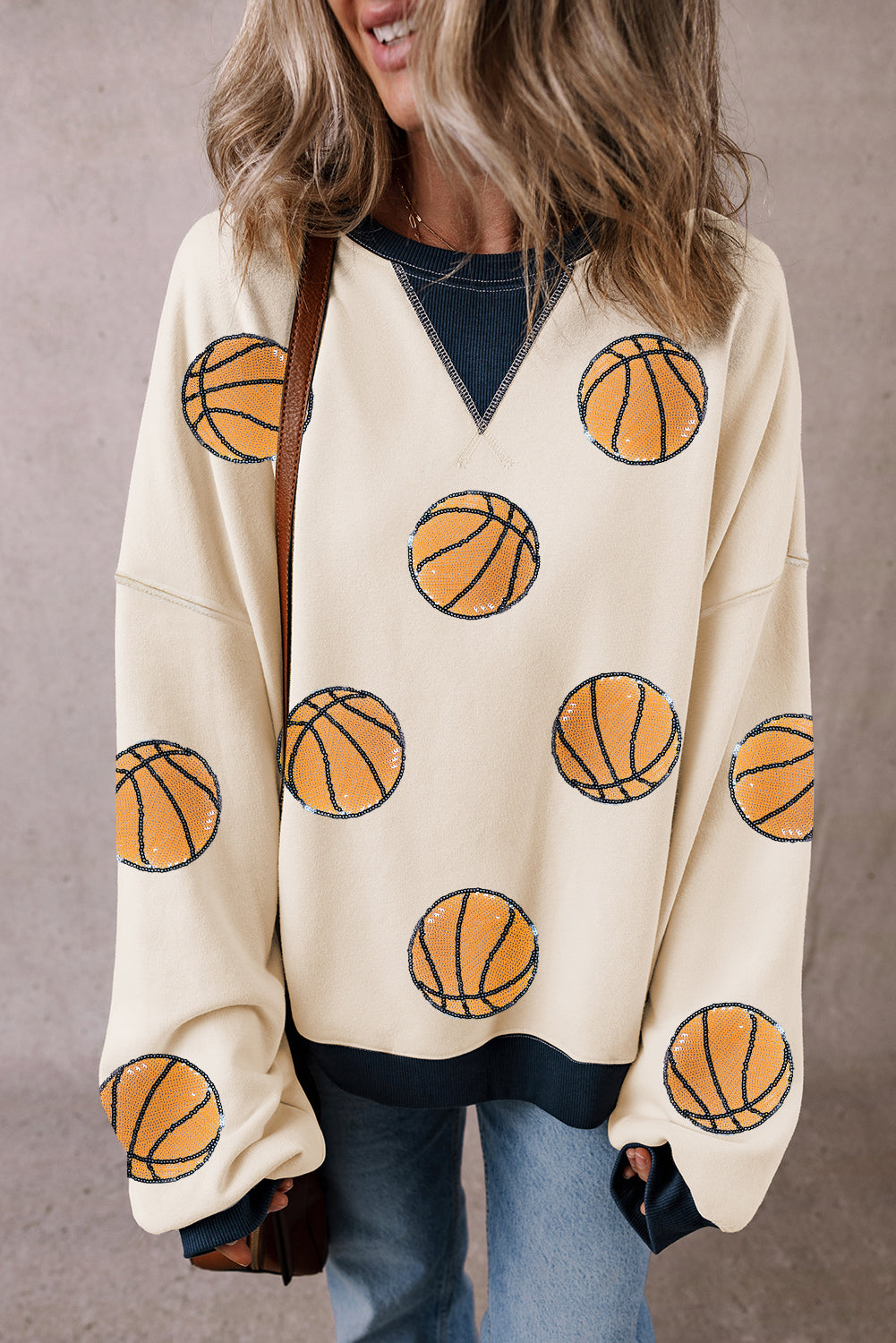 White Classic Basketball Graphic Crew Colorblock Sweatshirt