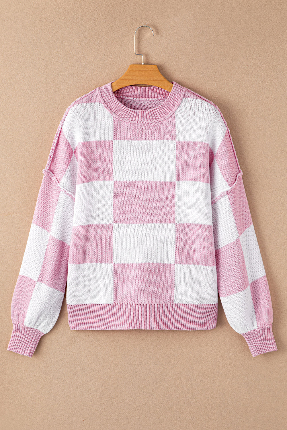 Gray Checkered Bishop Sleeve Pullover Sweater