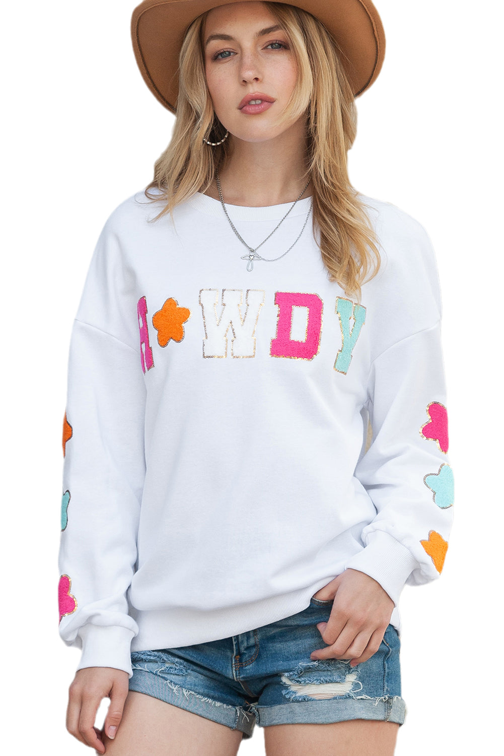 White Glitter Howdy Patch Casual Star Sweatshirt