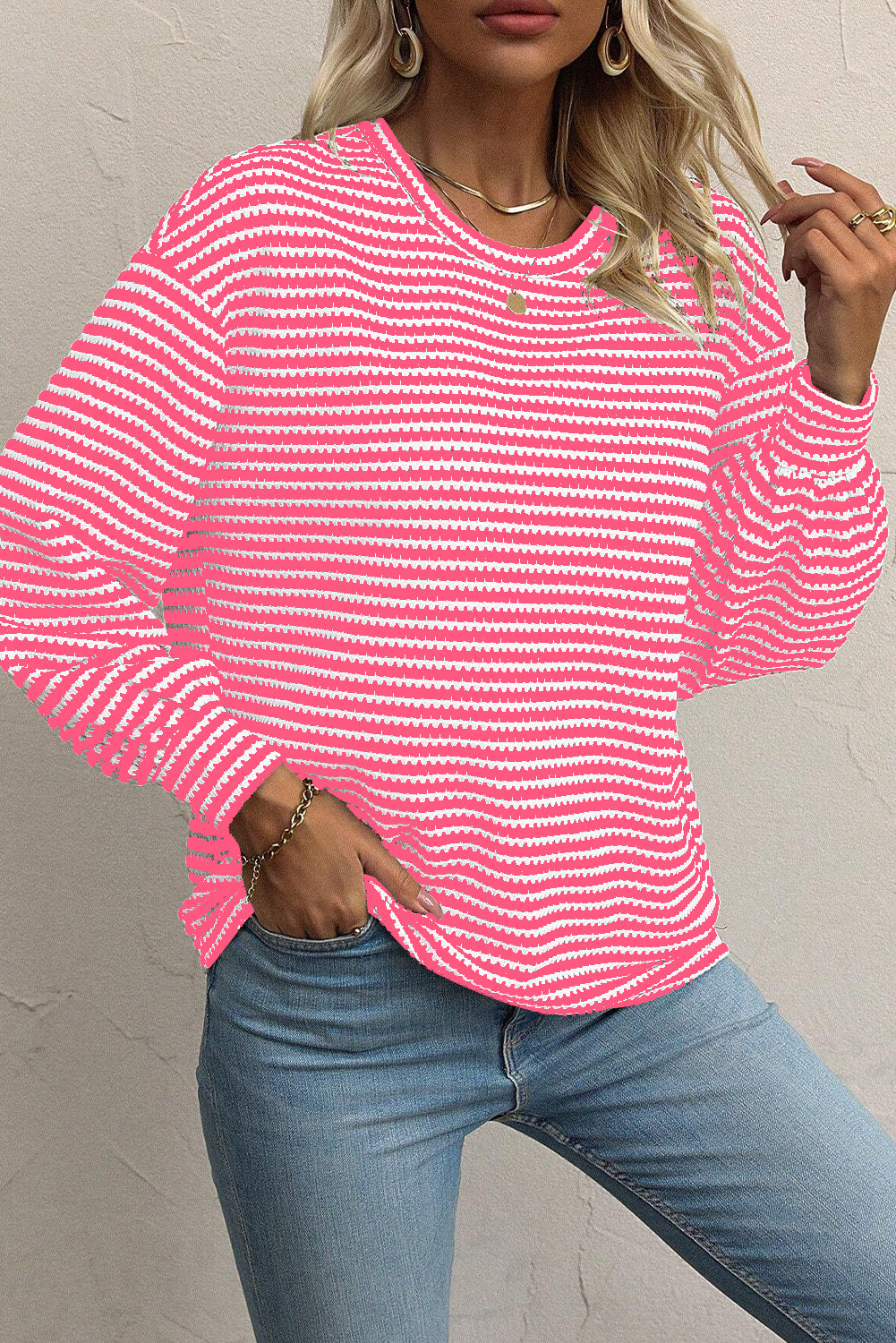 Rose Stripe Round Neck Drop Shoulder Long Sleeve Top