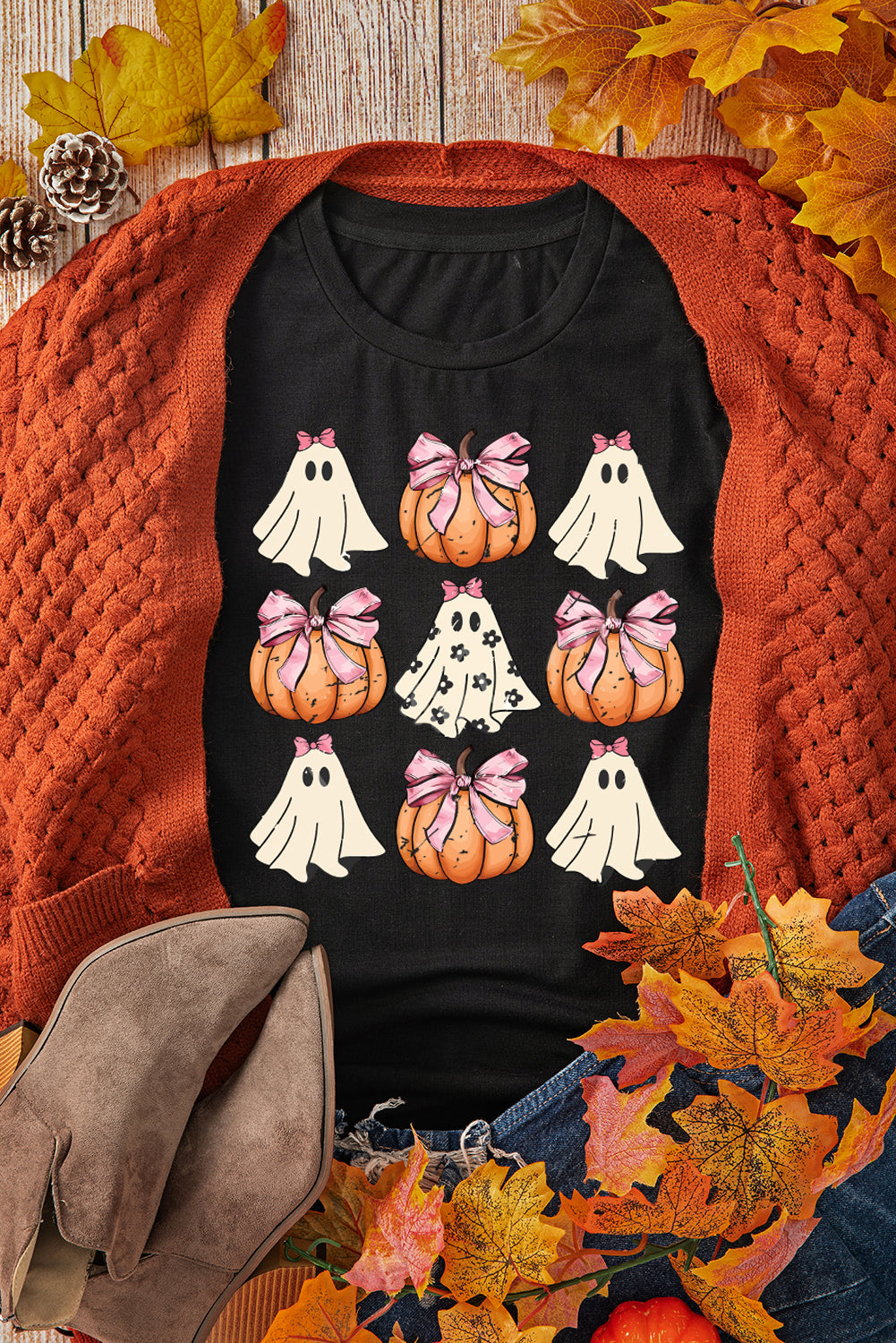 Black Bowknot Ghost Pumpkin Halloween Graphic T Shirt