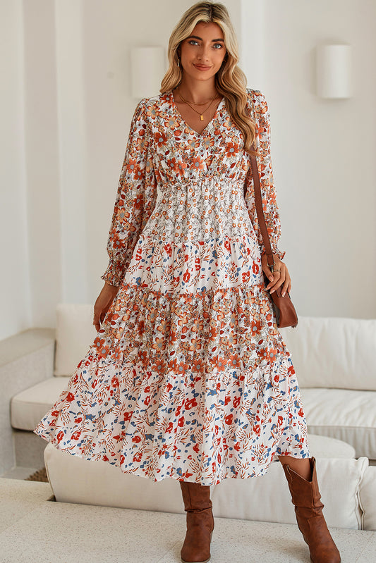 Khaki Floral Print Ruffled Tiered Long Sleeve V Neck Midi Dress