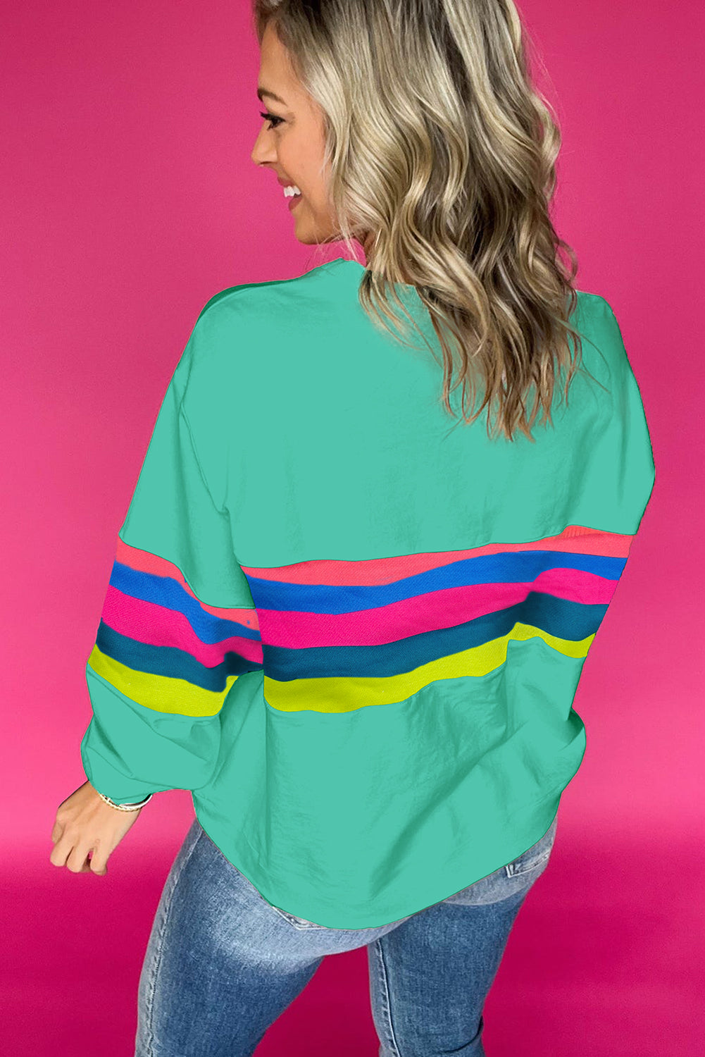 Green Colorful Striped Round Neck Long Sleeve Top