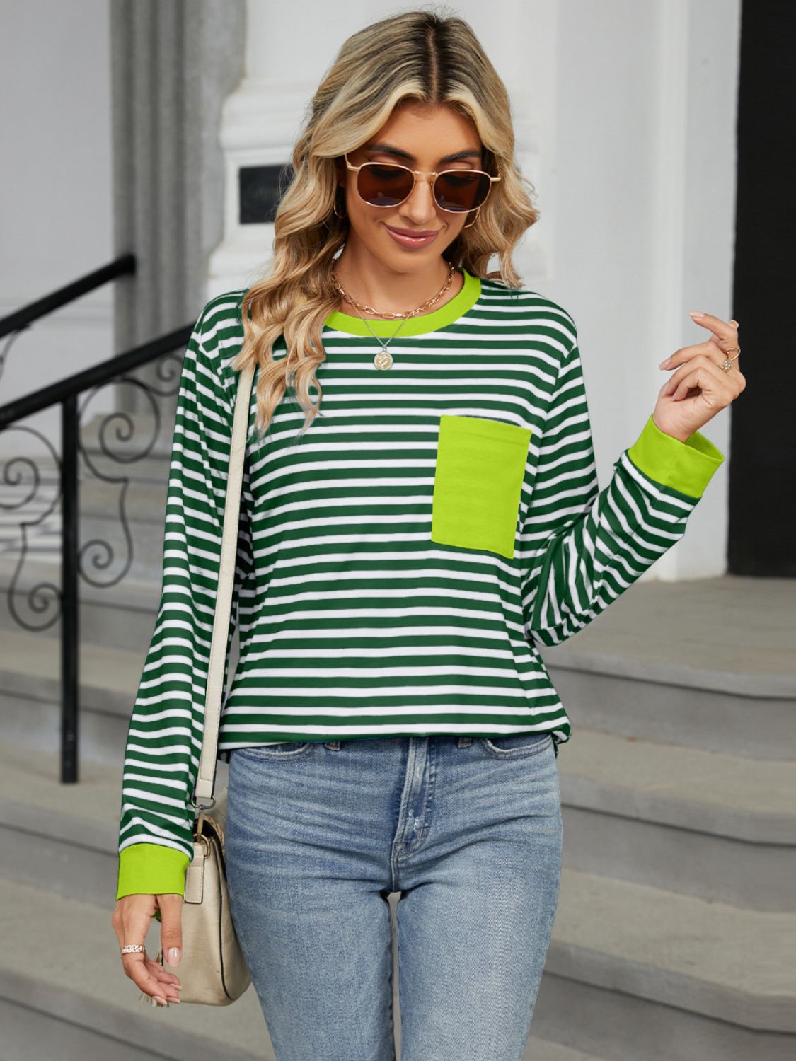 Pocketed Striped Round Neck Long Sleeve T-Shirt