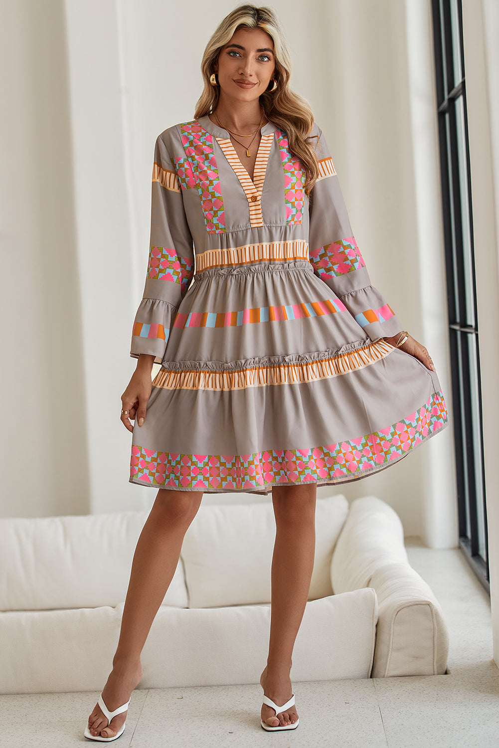 Simply Taupe Ethnic Geometric Print Ruffle Mini Dress