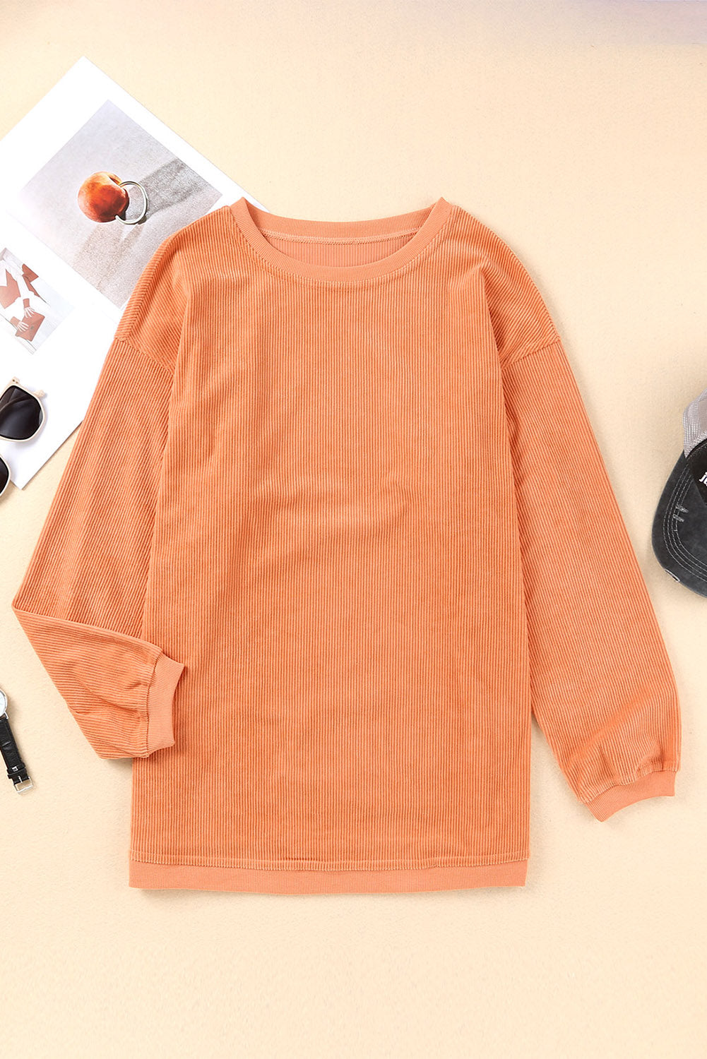 Apricot Drop Shoulder Crinkle Rib Oversized Sweatshirt