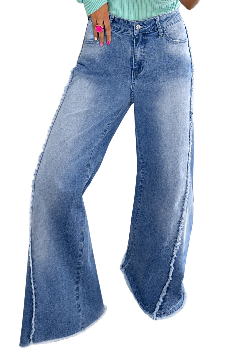 Beau Blue Vintage Stitching Raw Hem Flared Jeans