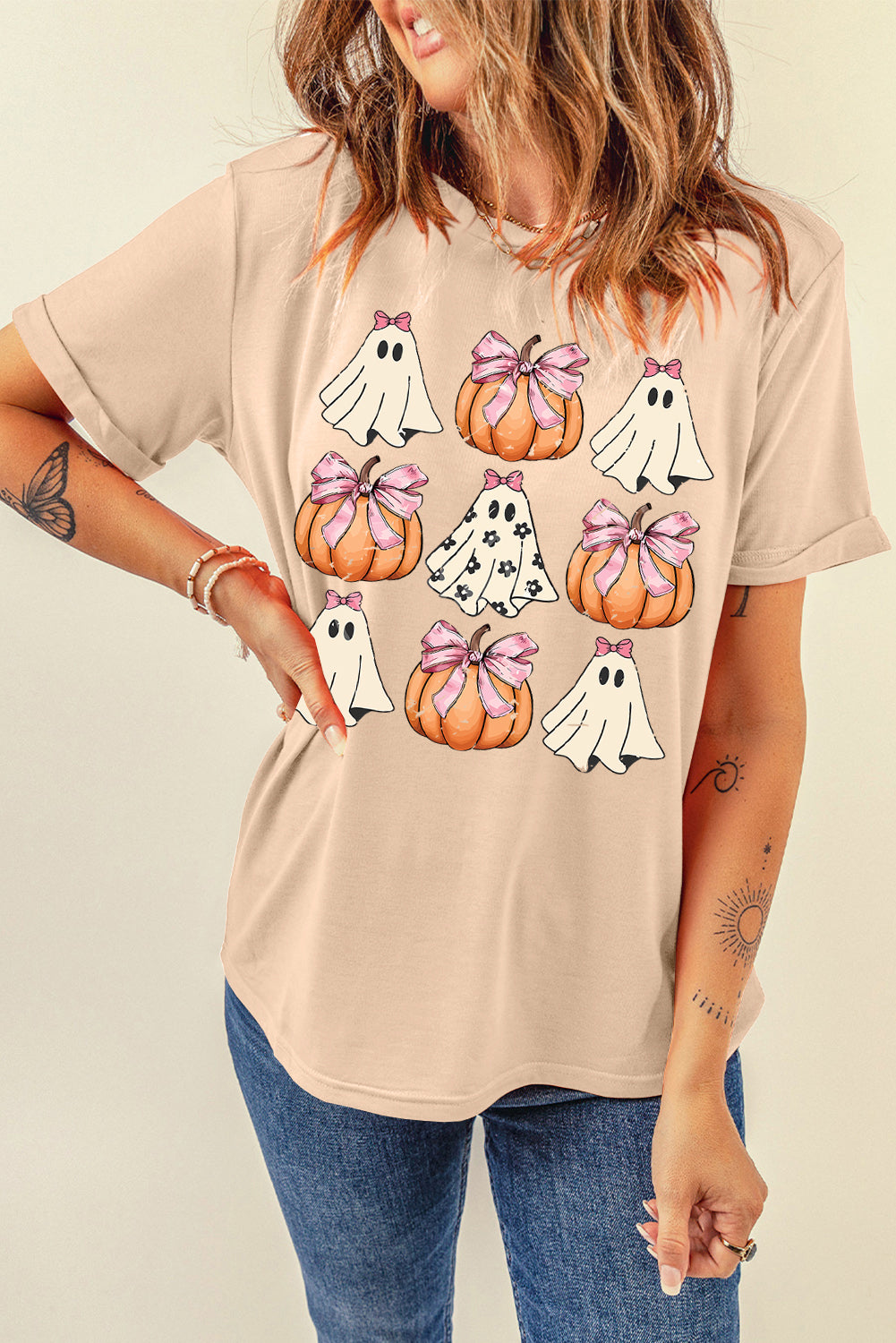 Black Bowknot Ghost Pumpkin Halloween Graphic T Shirt