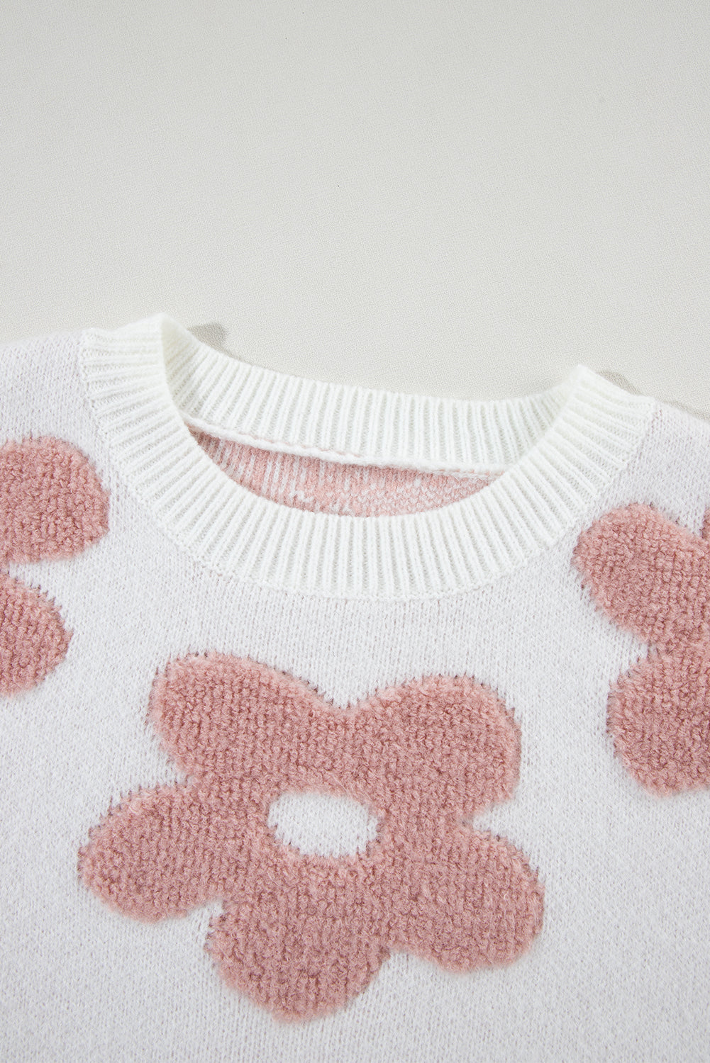 White Vintage Flower Drop Shoulder Loose Sweater