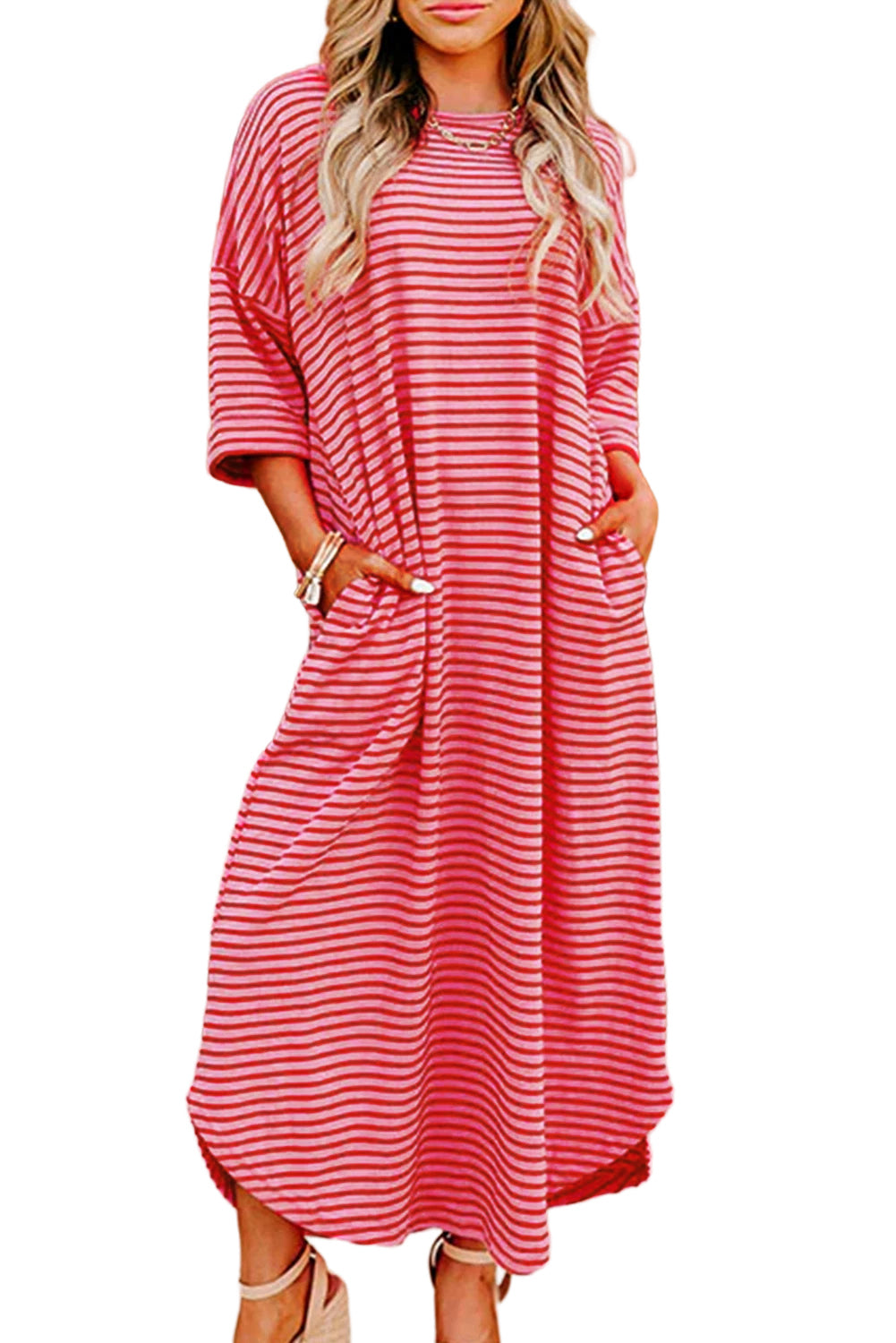 Strawberry Pink Striped Drop Sleeve Loose Dress